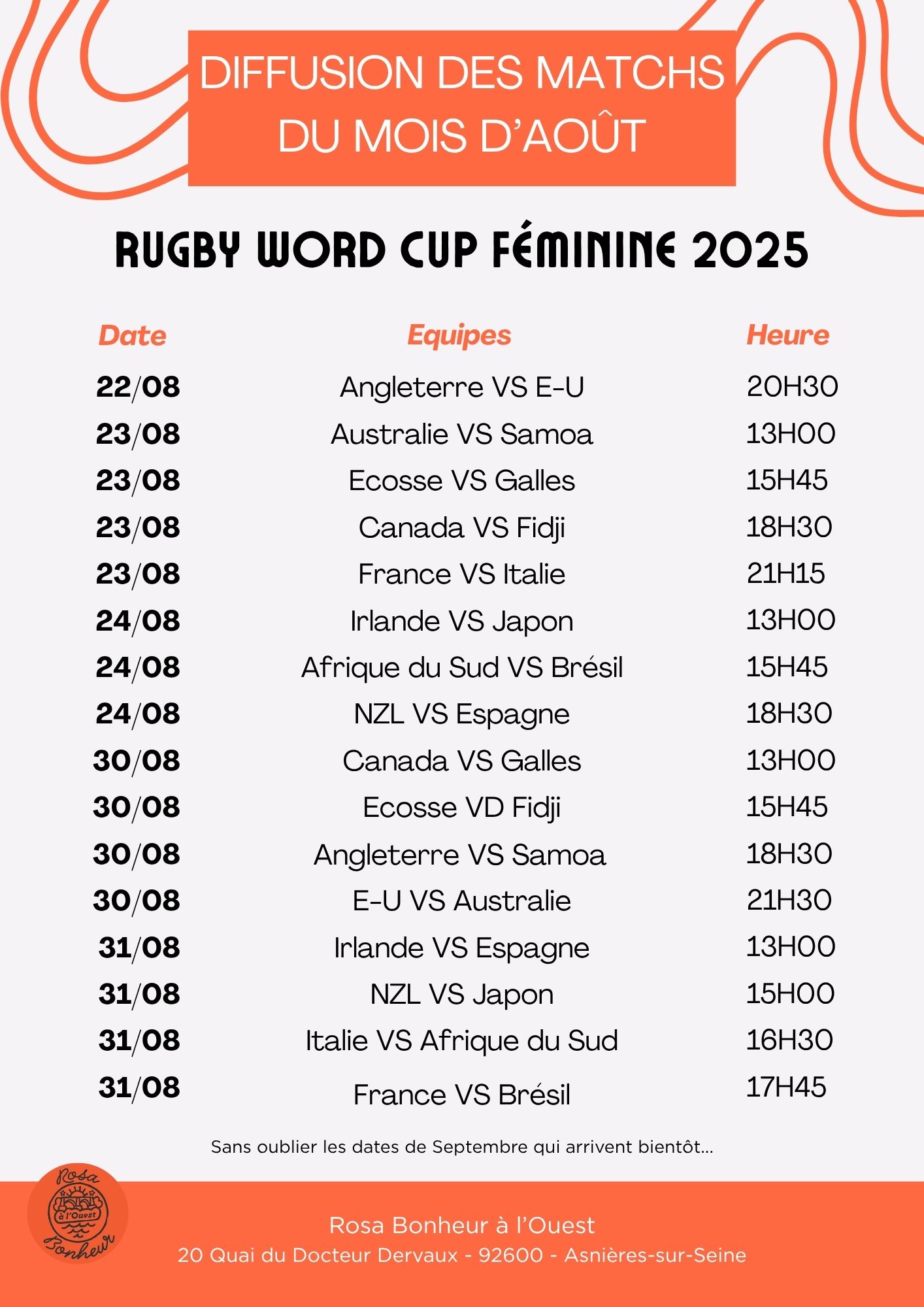 Calendrier diffusion des matchs d'août de la coupe du monde de rugby 2025 féminine
