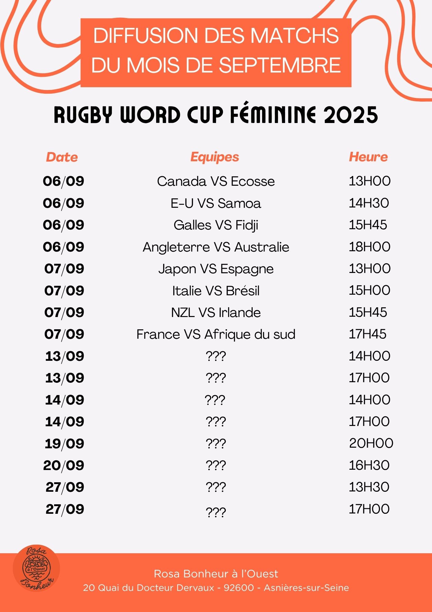 Calendrier diffusion des matchs de septembre de la coupe du monde de rugby 2025 féminine